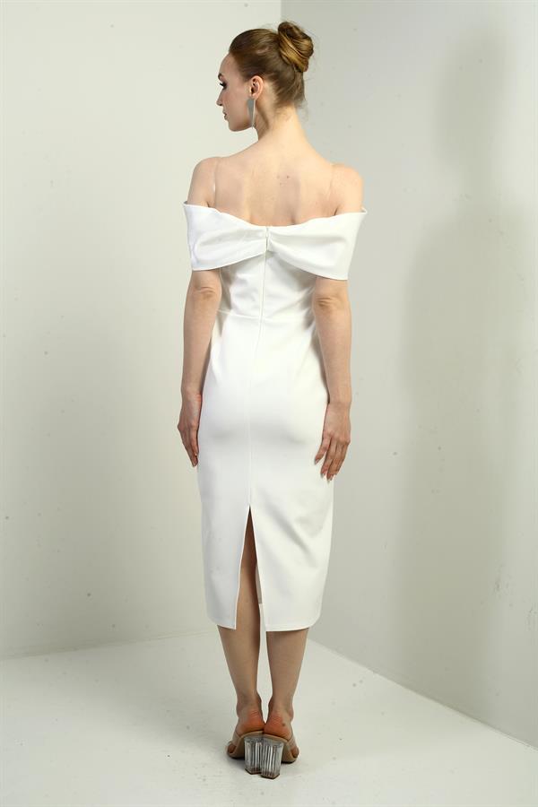 Kadın Saten Madonna Yaka Kendinden Telalı Midi Elbise