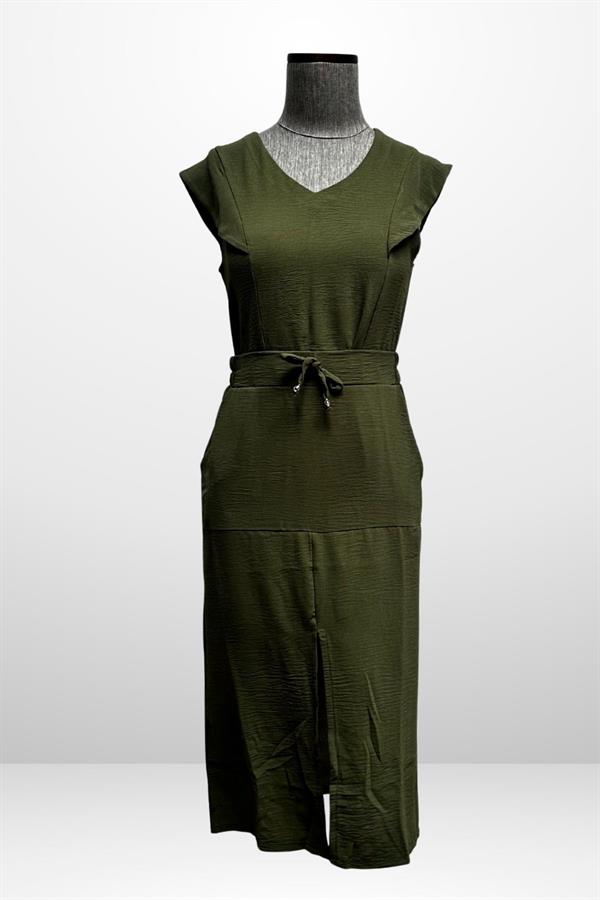 Kadın V Yaka Bluz Beli Lastikli Cepli Önü Yırtmaçlı Etek 2'li Takım