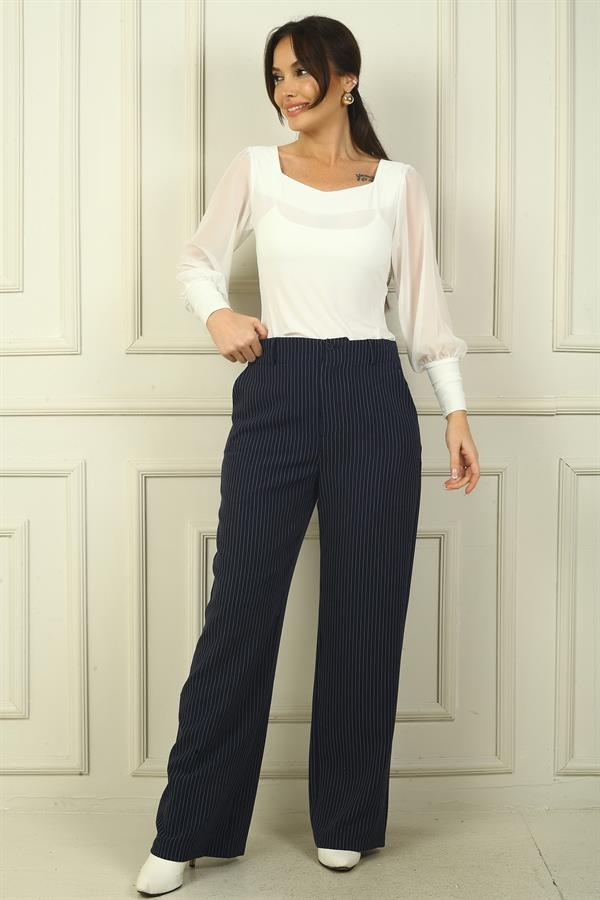 Pantalon palazzo à rayures verticales et poches latérales pour femme