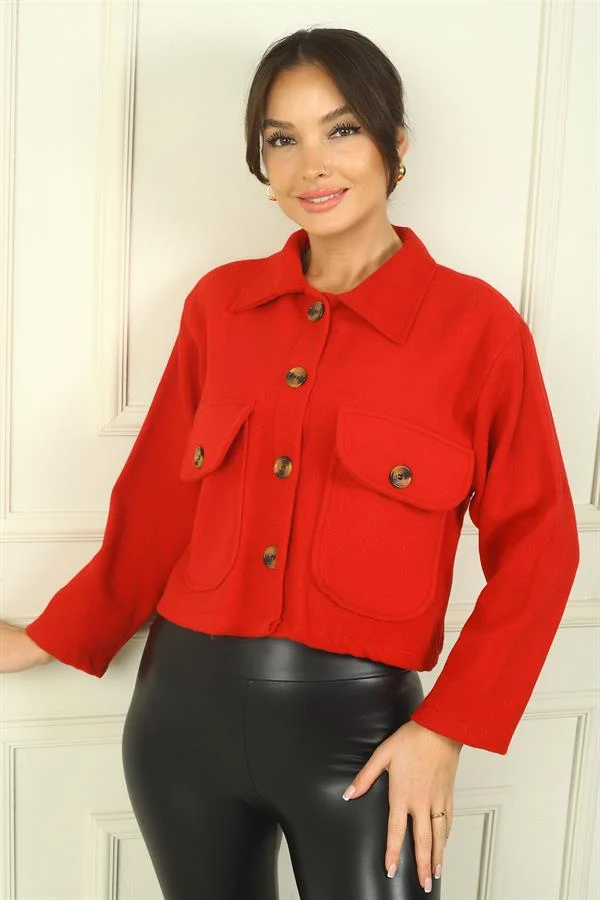 Manteau court en cachemire pour femme avec poches plaquées boutonnées