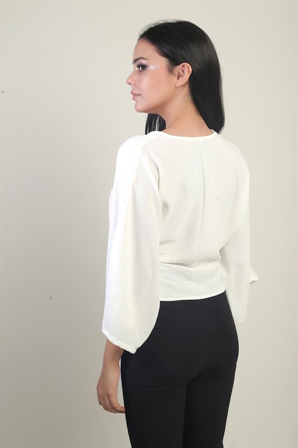 Kadın Kruvaze Yaka Kısa Ayrobin Bluz