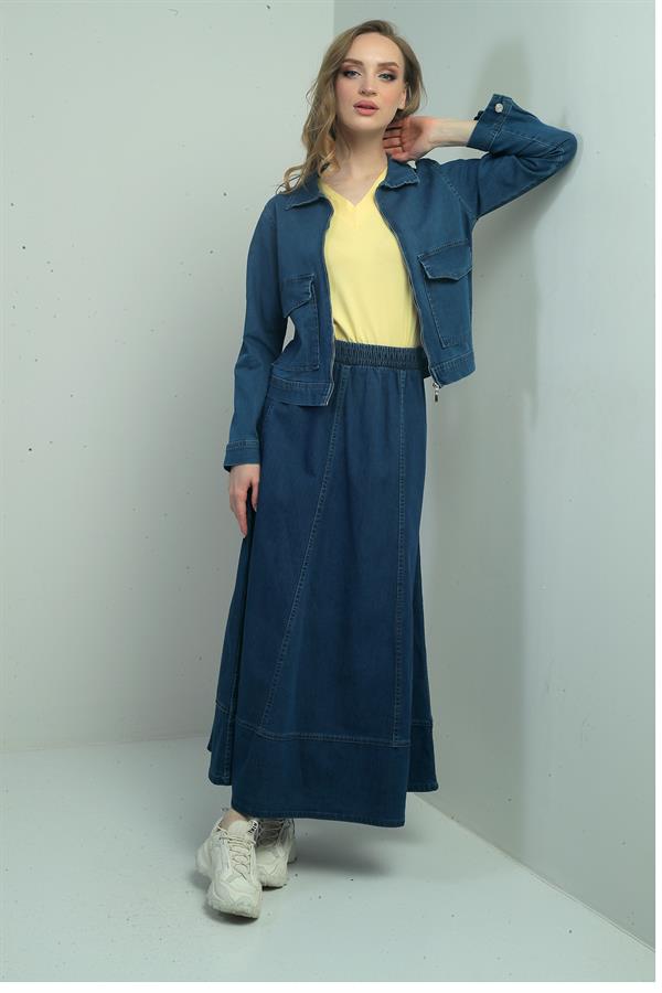 Women's Elastic Waist Long Flared Skirt and Front Zipper Jacket with Patch Pockets - Two-Piece Denim Set