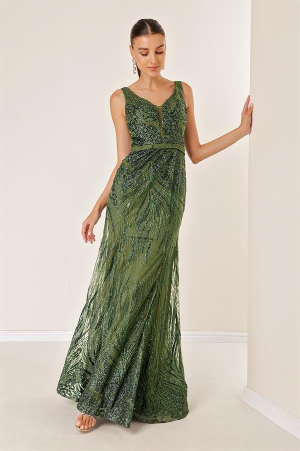 Thick Strapped Ghost Tulle Lined Glittery Long Dress