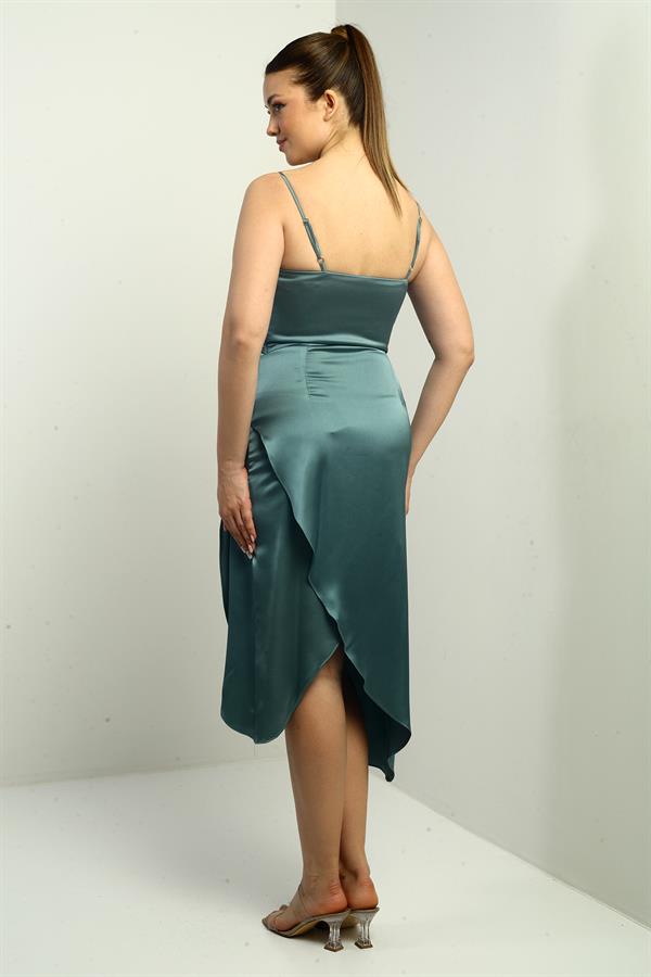 Kadın İp Askılı Drapeli Astarlı Asimetrik Midi Elbise