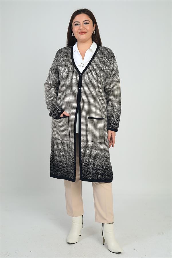 Kadın Karyağdı Kareli Cepli Büyük Beden Triko Uzun Hırka