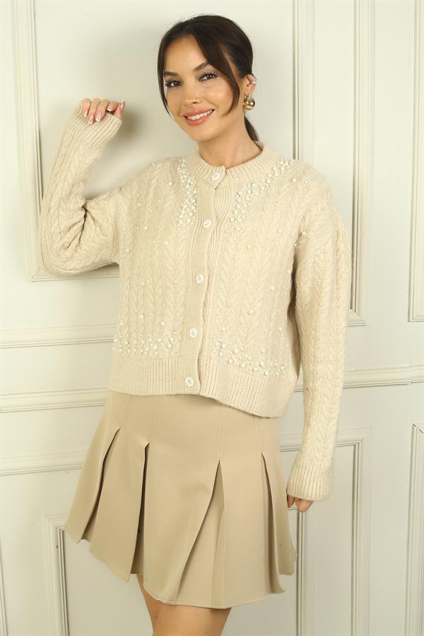 Kadın Önü Düğmeli İncili Saç Örgülü Akrilik Hırka