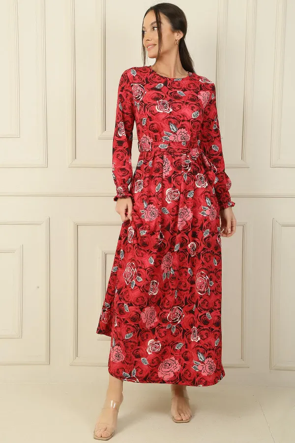 Beli Kuşaklı Gül Desenli Kol Uçları Büzgülü Gofre Uzun Elbise