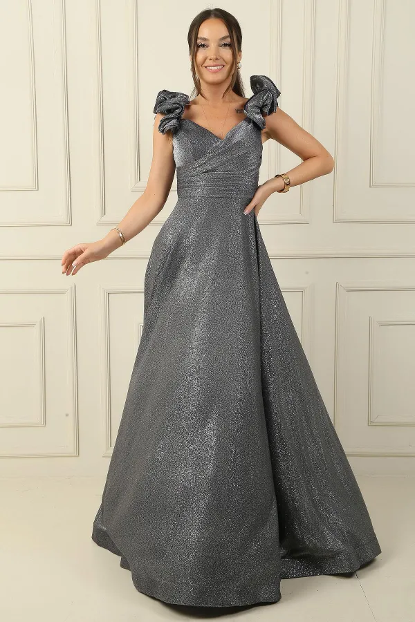 Düşük Volan Kol Drapeli Astarlı Simli Uzun Elbise