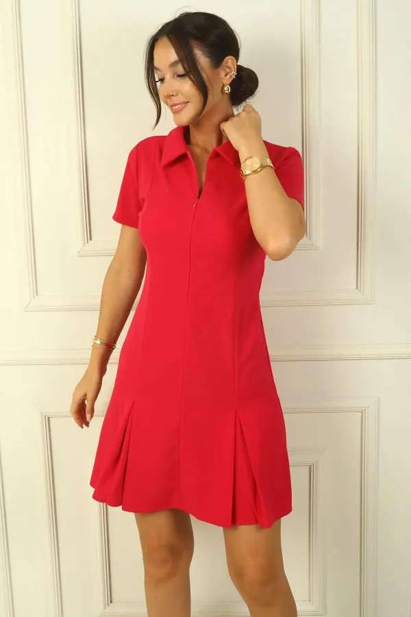 Women's Front Zipper Pleated Detail Lycra Crepe Dress