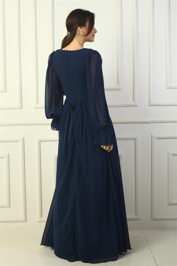 Kadın V Yaka Beli Tokalı Astarlı Şifon Uzun Abiye Elbise