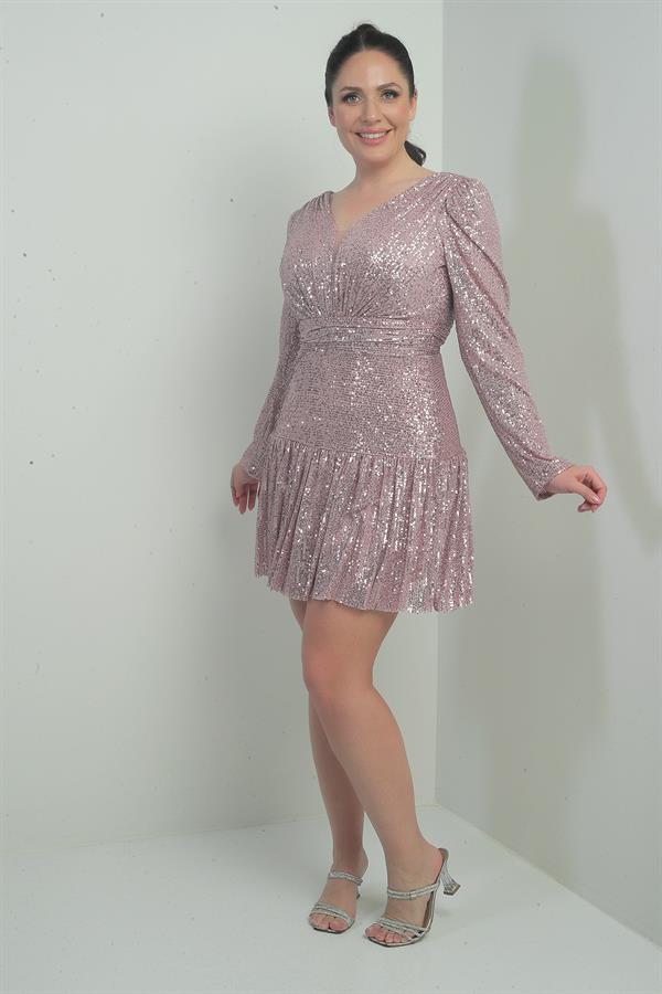 Kadın Ön Arka V Yaka Astarlı Drapeli Uzun Kollu Büyük Beden Pulpayet Elbise