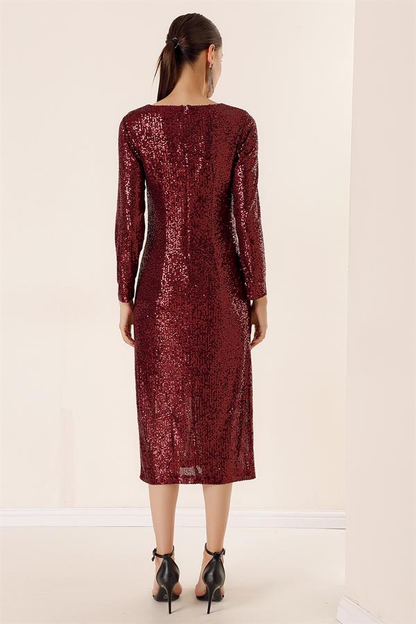 V Yaka Önü Büzgülü Astarlı Pulpayet Elbise