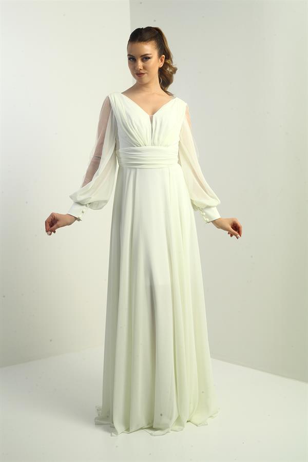 Ön Arka V Yaka Önü Drapeli Kolları Tül Astarlı Geniş Beden Aralıklı Uzun Şifon Elbise