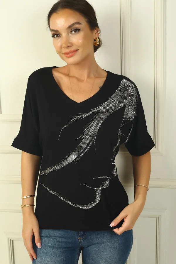 Chemisier à manches courtes et col en V pour femme, motif large, silhouette Stoned Girl