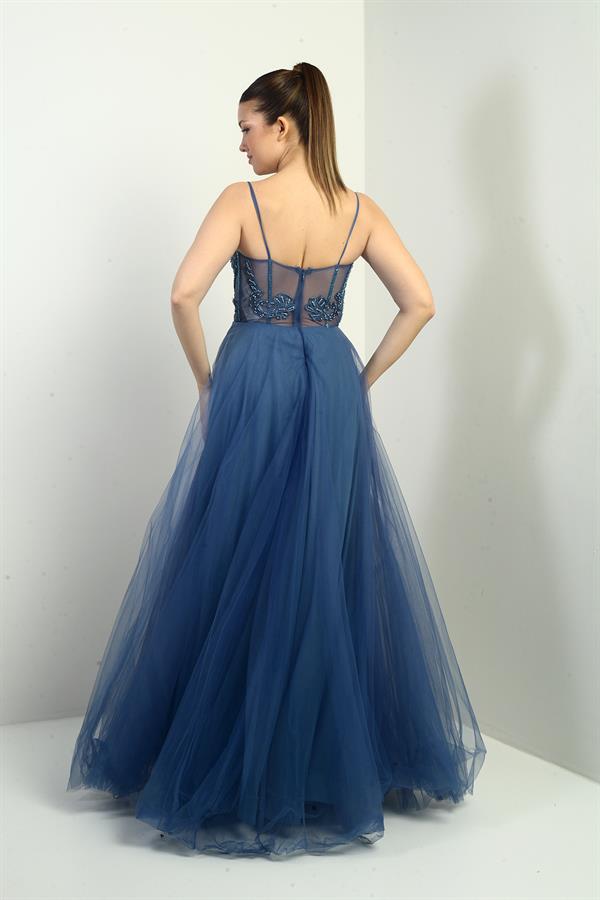 Kadın İp Askılı astarlı Göğüs Pliseli Boncuk İşlemeli Uzun Prenses Elbise