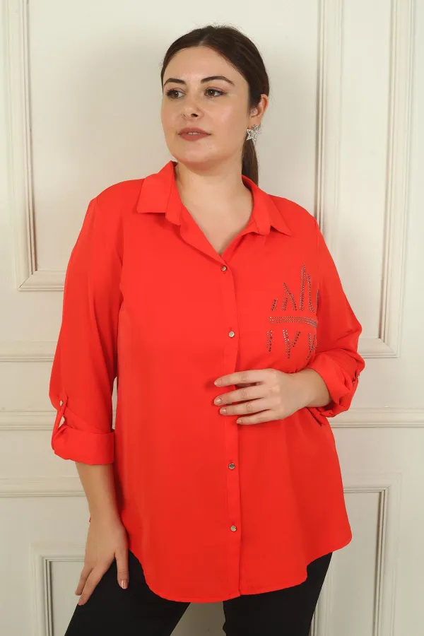 Women's Plus Size Crepe Satin Shirt with Folded Sleeves and Stone Details