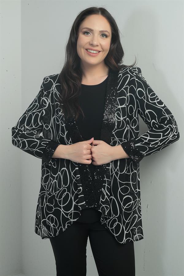 Ensemble deux pièces pour femme : veste en mousseline à motifs abstraits avec détails de sequins sur le devant et les manches, chemisier en lycra à manches longues, grandes tailles.