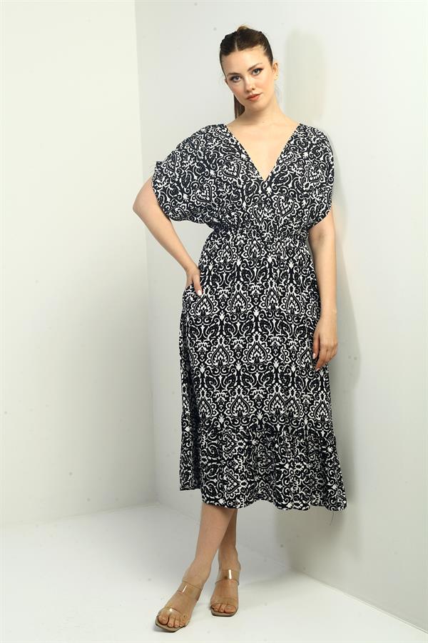 Women's Front and Back V-Neck Batwing Sleeve Pocketed Ethnic Pattern Ruffled Dress
