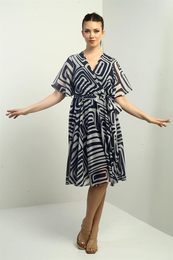 Women's Wrap Neckline Belted Lined Geometric Pattern Chiffon Dress