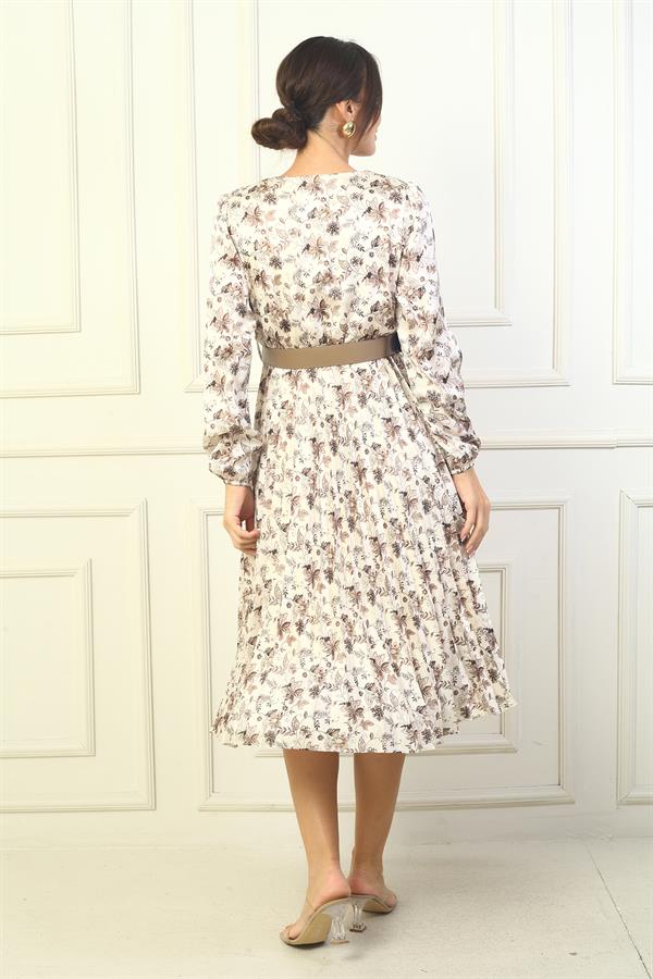 Women's Wrap Neckline Belted Lined Pleated Floral Satin Dress