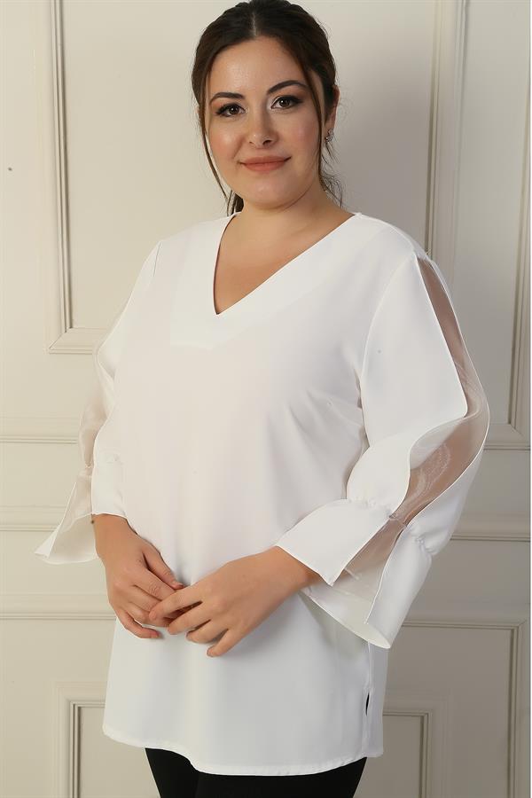 V Yaka Yarı Organze Krep B.B. Bluz