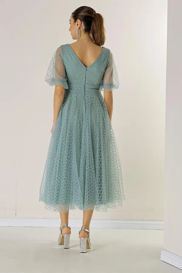 Ön Arka V Yaka Kısa Balon Kollu Kare Benekli Simli Dalya Kumaş Astarlı Elbise