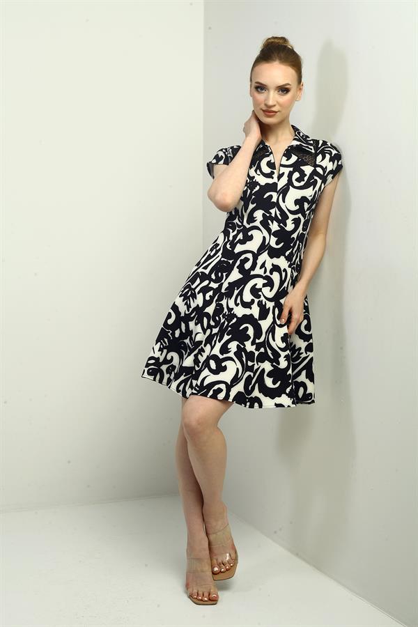 Kadın Önü Yarım Fermuar Ve Dantel Detaylı Kendinden Telalı Etnik Desen Kısa Kloş Elbise