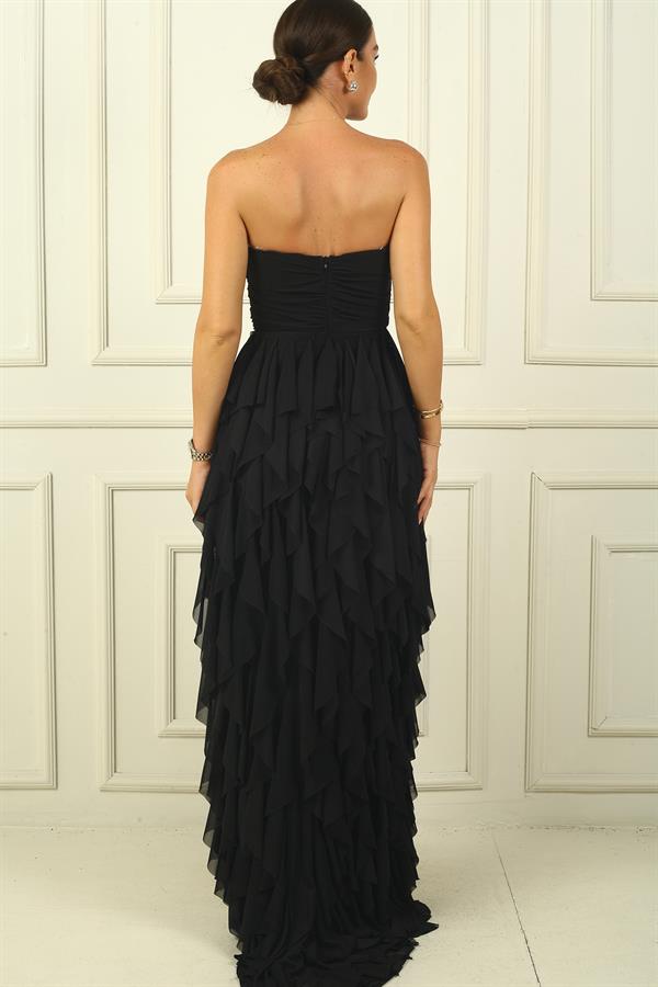 Straplez Önü Taş Detaylı Drapeli Astarlı Yanı Yırtmaçlı Volanlı Uzun Tül Elbise