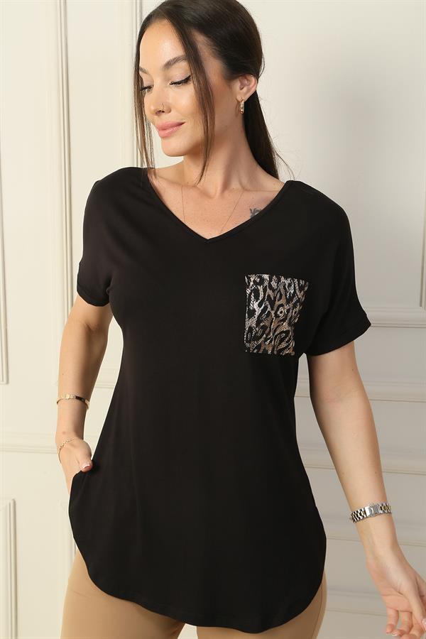 Women's Front and Back V-Neck Blouse with Leopard Print Back Trim, Pockets, and Lycra Fabric