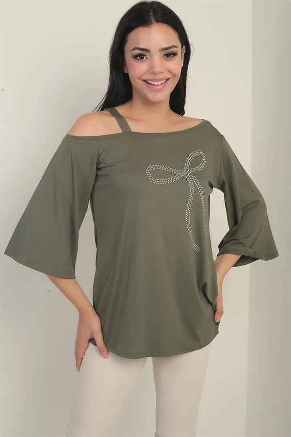 Kadın Tek Omuzlu Fiyonk Taş Baskılı Likralı Bluz