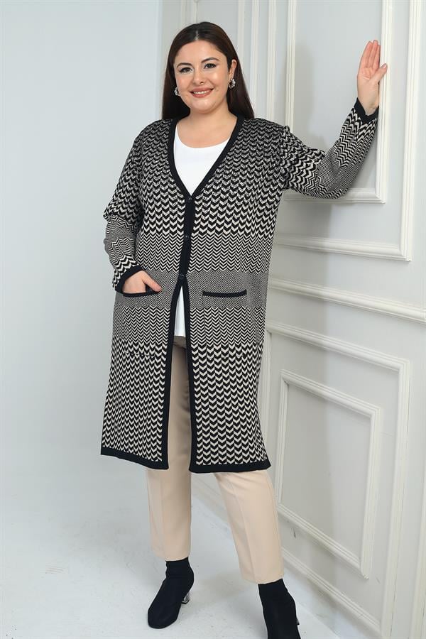 Gilet long en maille à chevrons pour femme, grande taille, avec poches