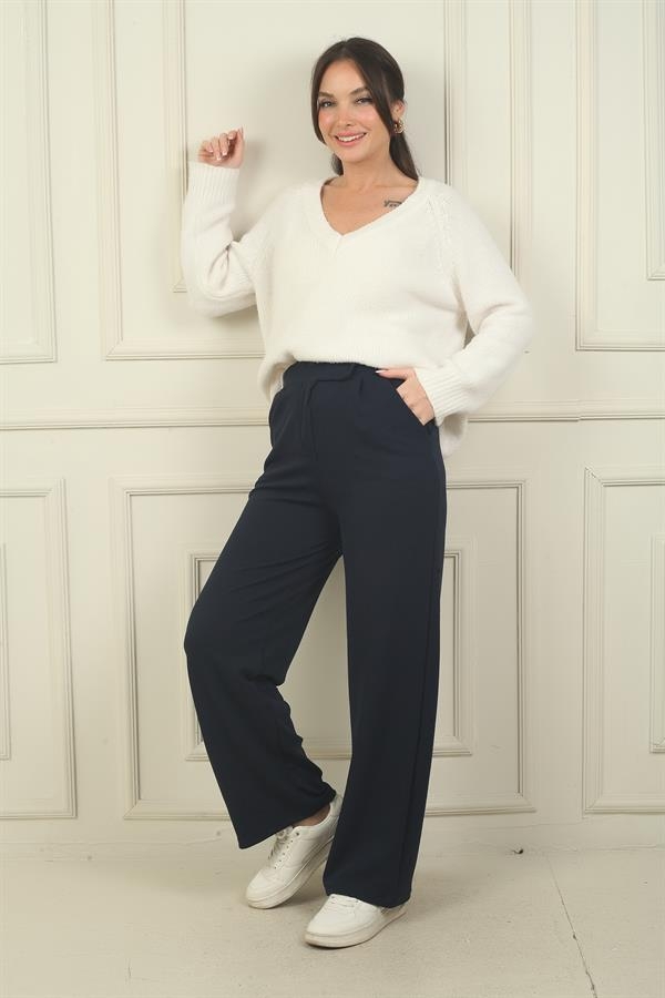 Pantalon palazzo plissé en lycra pour femme avec poches à scratch