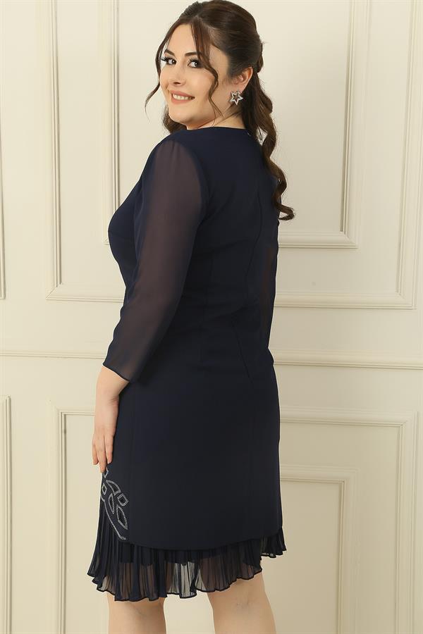 Plus Size Crepe Dress with Chiffon Pleats on Sleeves and Hem and Stone Embellishments