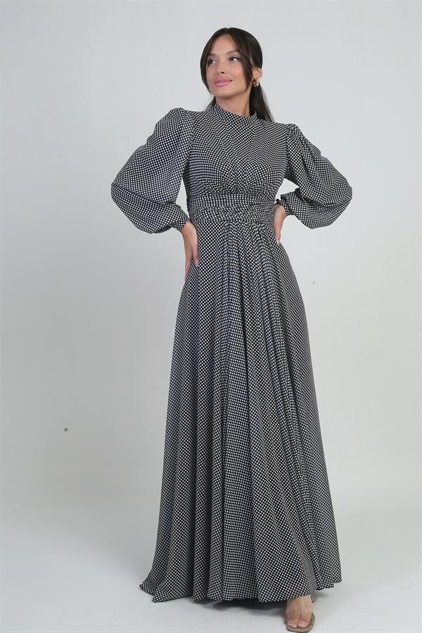 Kadın Önü Drapeli Benekli Uzun Şifon Elbise