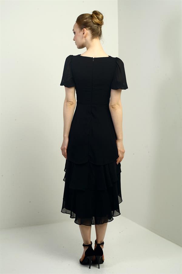 Kadın Kruvaze Yaka Arkası Fermuarlı Katkat Pileli Şifon Elbise