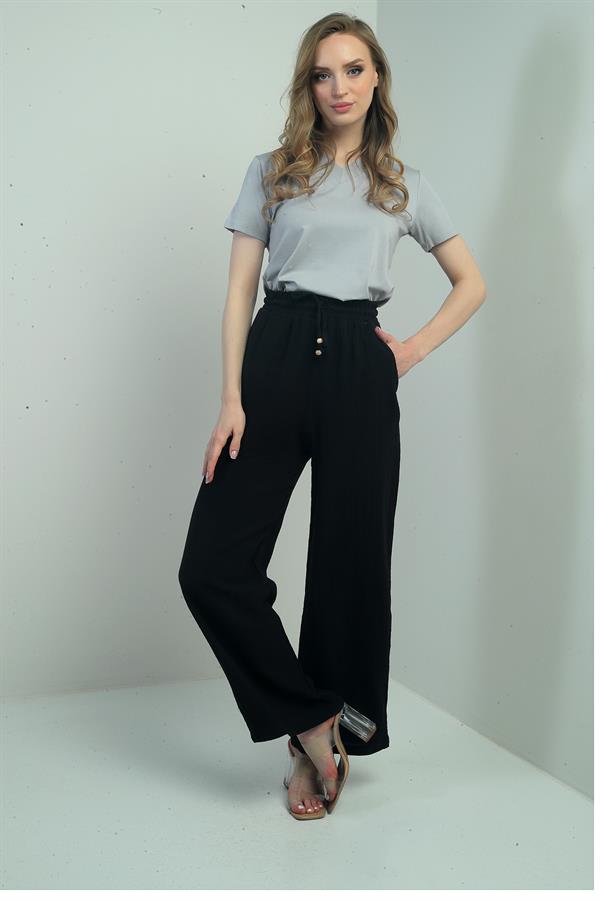 Kadın Müslin Palazzo Beli Lastikli Cepli Pantolon