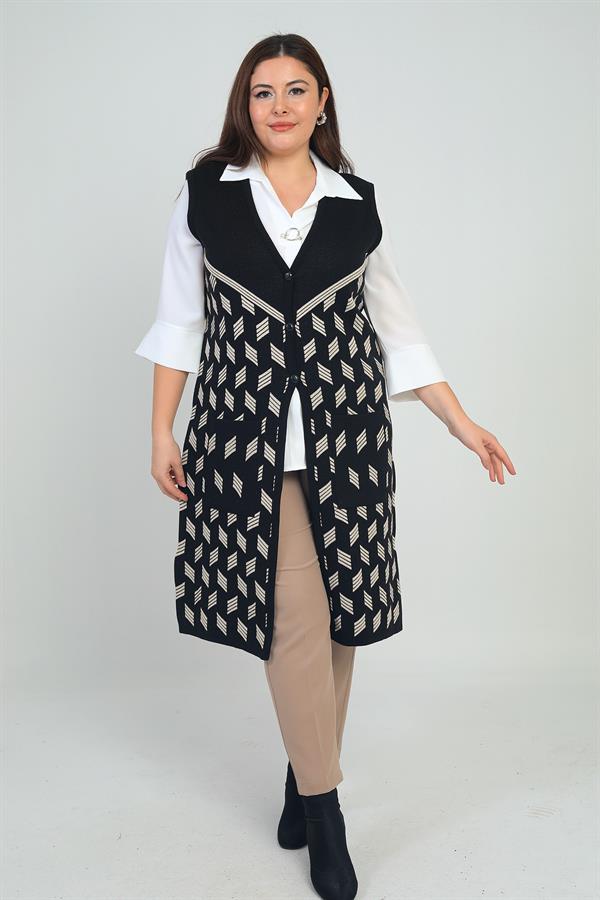 Gilet long en maille grande taille à motif géométrique et poches pour femme