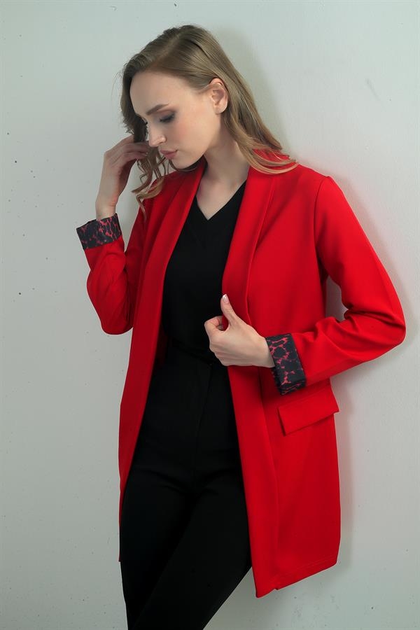 Kadın Şal Yaka Kol Ucu Leopar Desenli Likralı Uzun Ceket