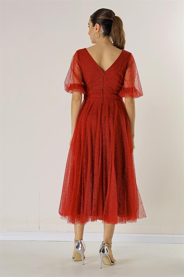 Front and Back V-Neck Short Balloon Sleeved Lined Spider Pattern Glitter Dahlia Fabric Dress