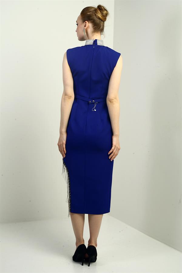 Women's Embellished Mandarin Collar Belted Waist Midi Dress with Side Chain Detail and Slit.