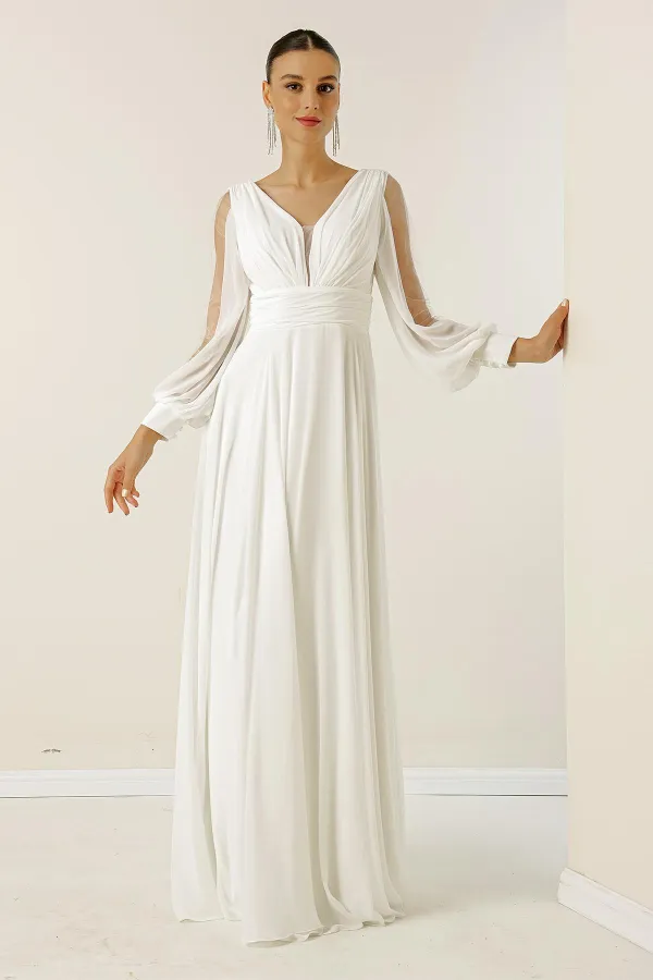 Front Back V Neck Draped Front Sleeves Tulle Lined Wide Body Long Chiffon Dress