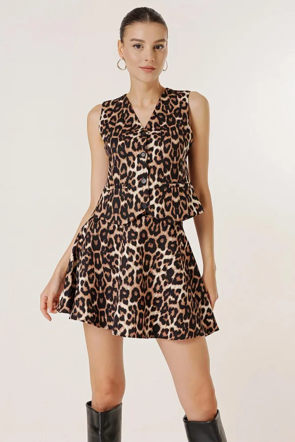 Leopard Pattern Satin Vest with Buttoned Front and Pockets