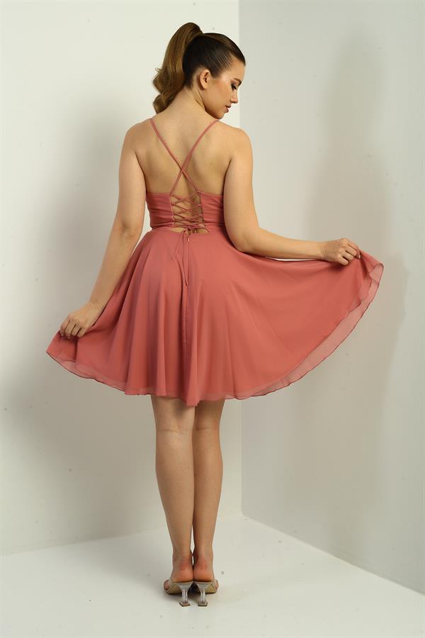 Women's Strappy, Back-Tie, Front-Opening, Lined Chiffon Short Flared Dress