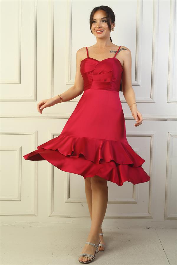 Women's Strappy Front Draped Lined Skirt with Double Ruffled Satin