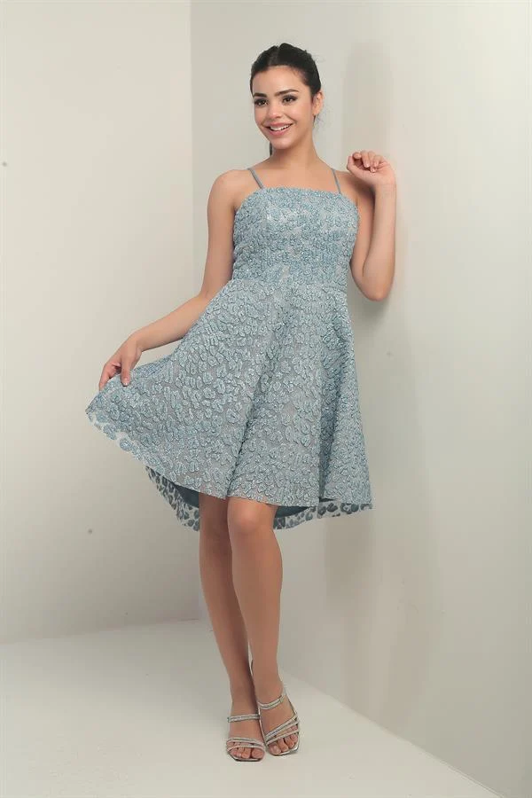 Women's Strappy Lined Glitter Flock Printed Short Flared Dress