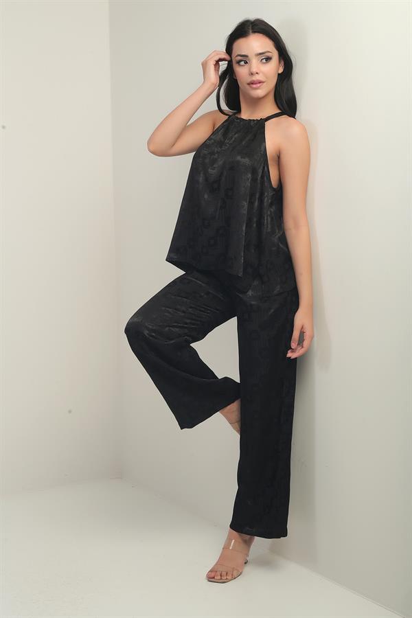 Women's Thin Strapped Blouse with Elastic Waist, Pockets, Palazzo Pants, Geometric Pattern Satin, 2-Piece Set