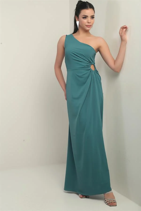 Kadın Tek Omuz Yan Pencere Detaylı Uzun Krep Saten Elbise