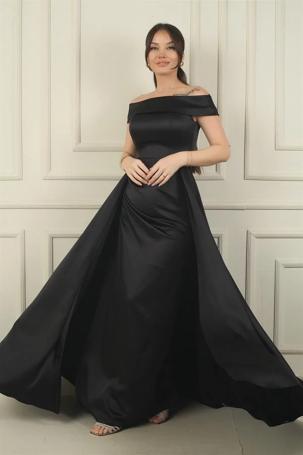 Kadın Madonna Yaka Önü Büzgülü Astarlı Pelerinli Saten Uzun Elbise