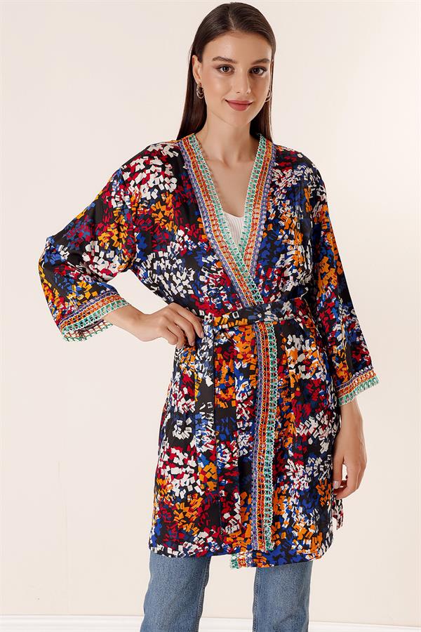 Karışık Desenli Saten Uzun Kimono Ceket