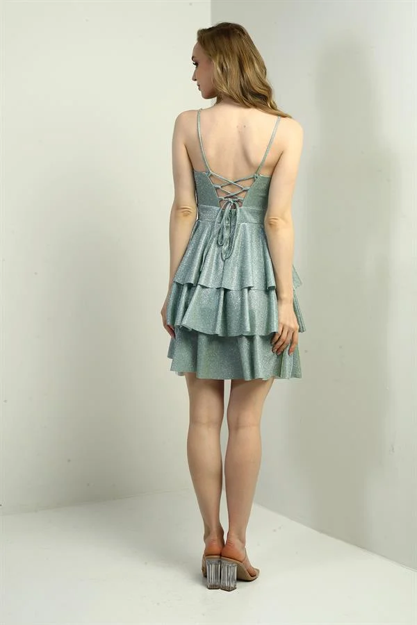 Kadın İp Askılı Simli Kat Kat Kısa Elbise